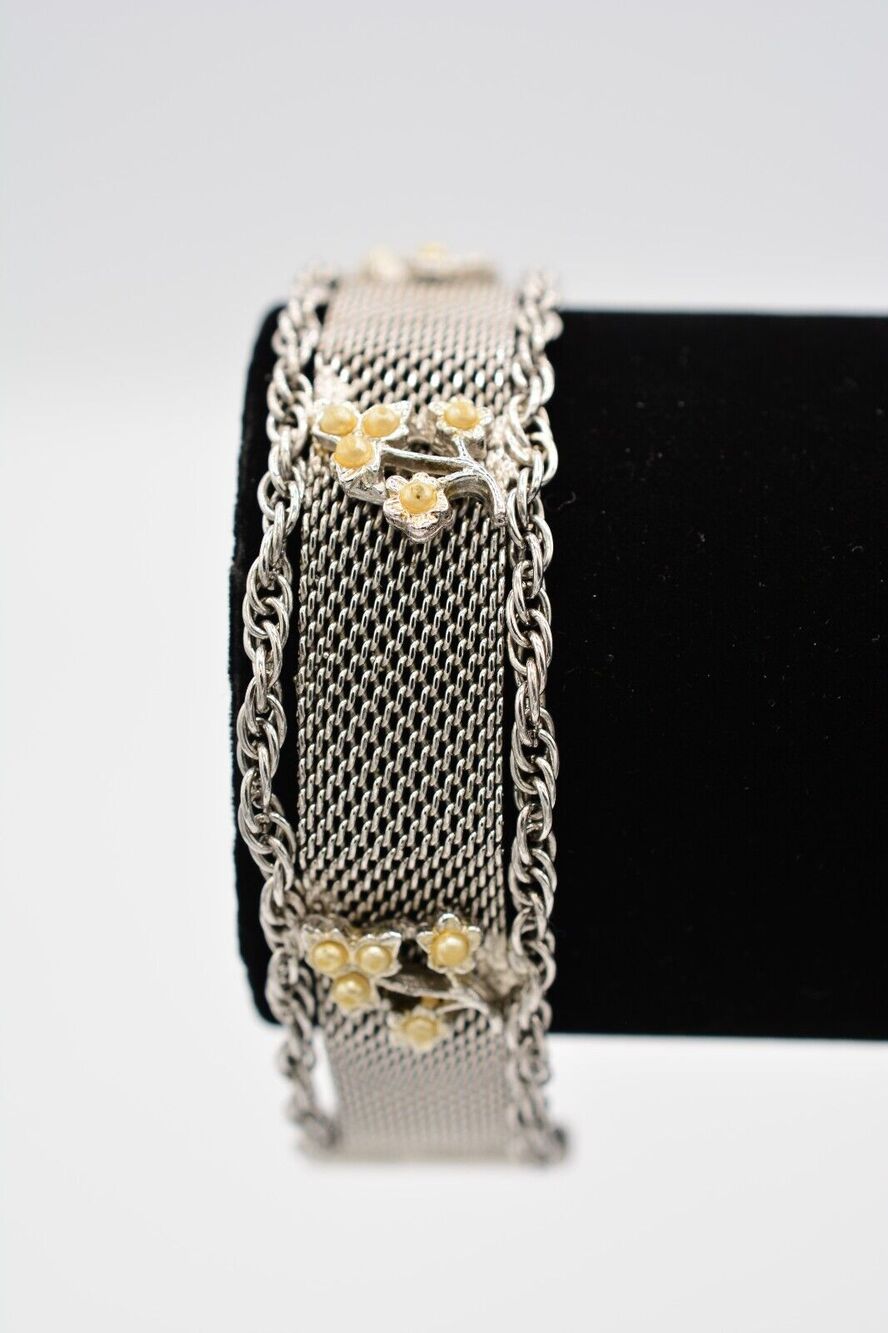 Goldette Vintage Floral Mesh Chain Bracelet Pearl Silver Chunky Signed 50s Bin5